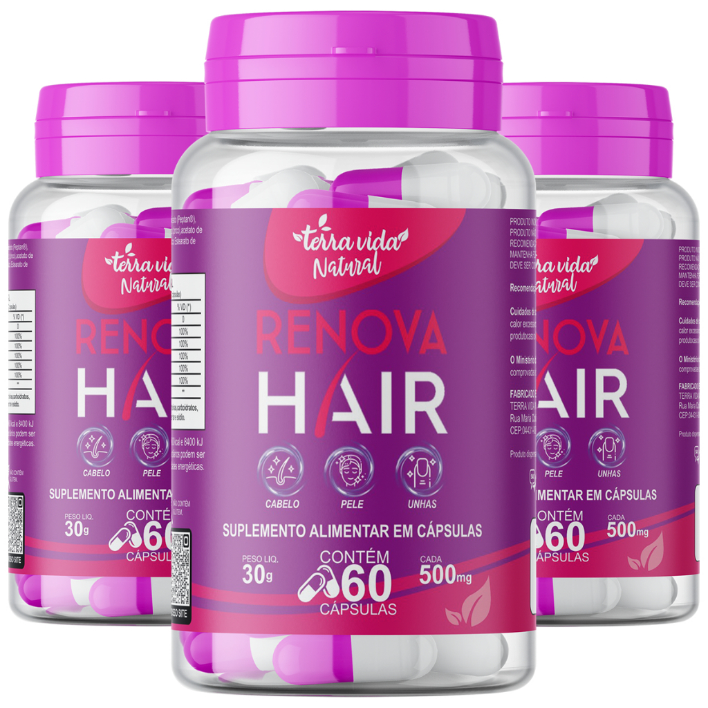 3 Auxilia No Crescimento Renova Hair - Cabelo, Pele E Unhas Com Biotina e colageno