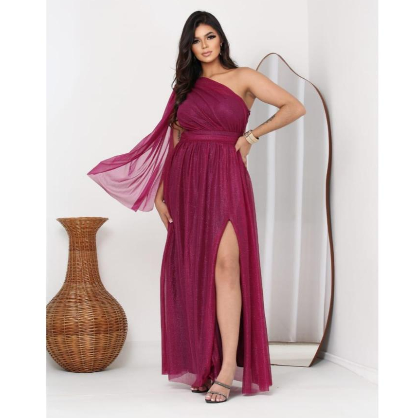 Vestido Longo Feminino Festa Um Ombro Só Capa Fenda Tule Com Brilho Casamento Formatura