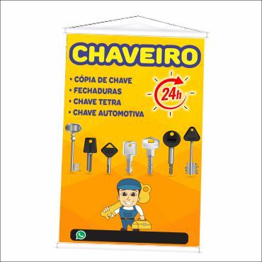 Banner de Chaveiro 24 Horas produzido em lona. Cartaz Propaganda para, Lojas, Comércio, Chaves.