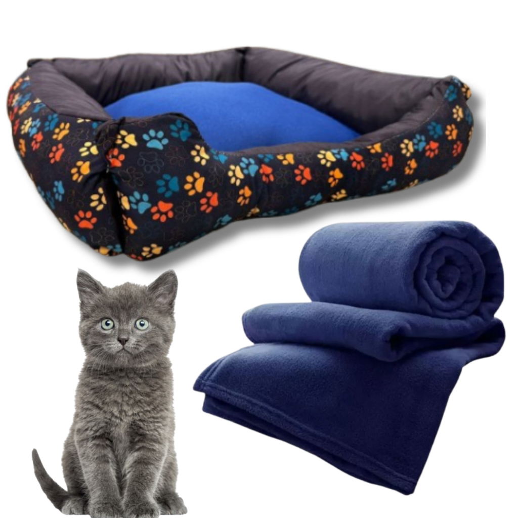 Kit Cama Para Gato + Cobertor Cobertinha Fêmea Macho Cachorro Caminha Cobertor Azul Rosa