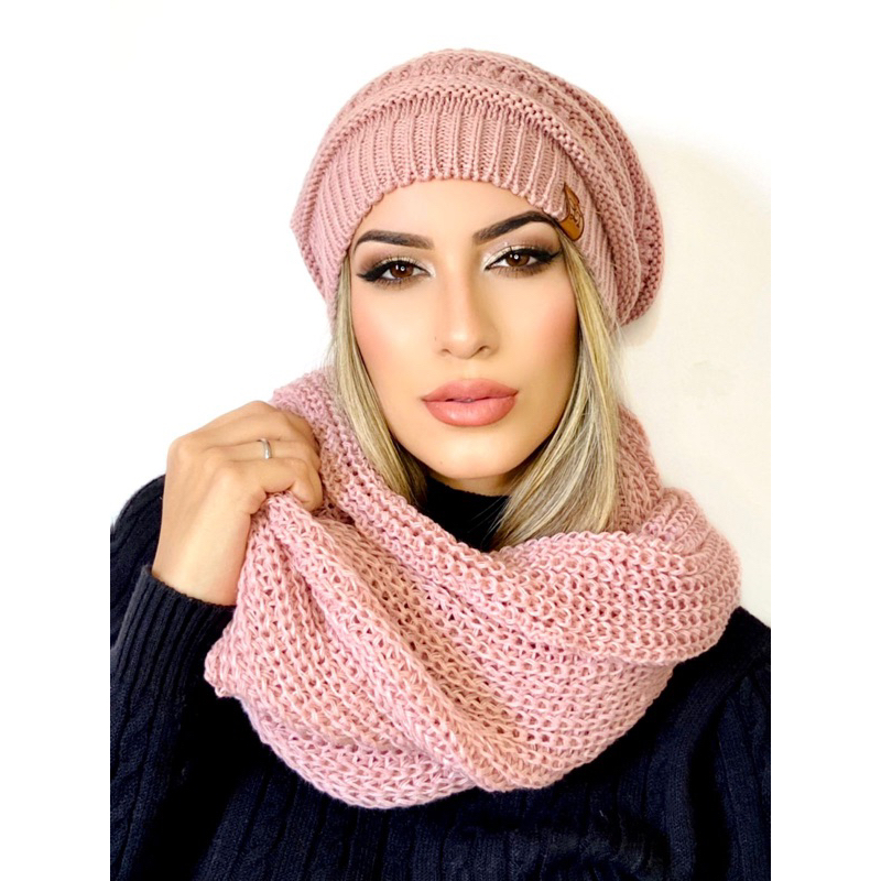 Conjunto Gorro Touca + Gola Cachecol Infinito Tricot Lã  Macio Tendência Inverno Moda 2025 UNISEX em Oferta na Shopee