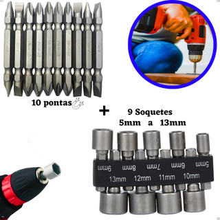 Kit Com 9 Soquetes 5 A 13mm + Kit 10 Ponteiras Parafusadeira Bits Ponteira Fenda Philips Canhão Jogo