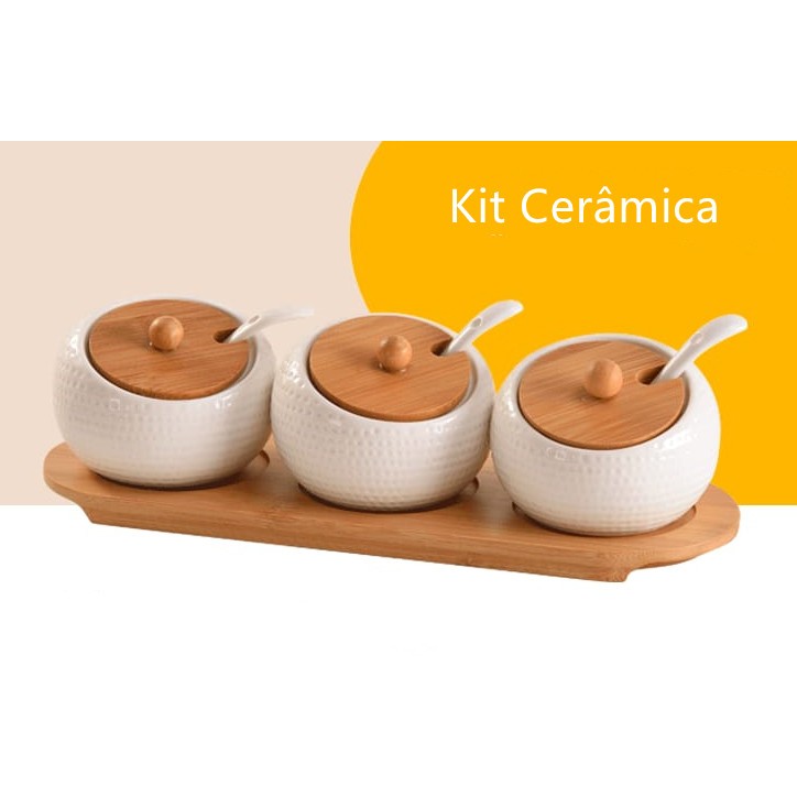 KIT Porta Tempero Condimentos Porcelana Cerâmica Branca 3 Peças + Colher Cerâmica Tampa Bambu+Bandeja em Oferta na Shopee