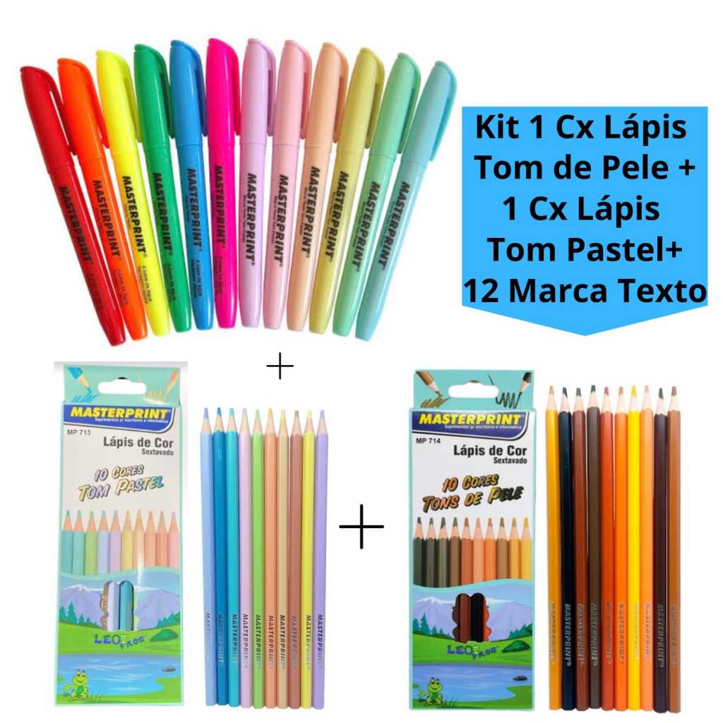 Kit Caixa de Lápis de Cor Tons de Pele + Caixa de Lápis de Cor Tom Pastel + 12 Marca Texto (6 Neon + 6 Pastel)