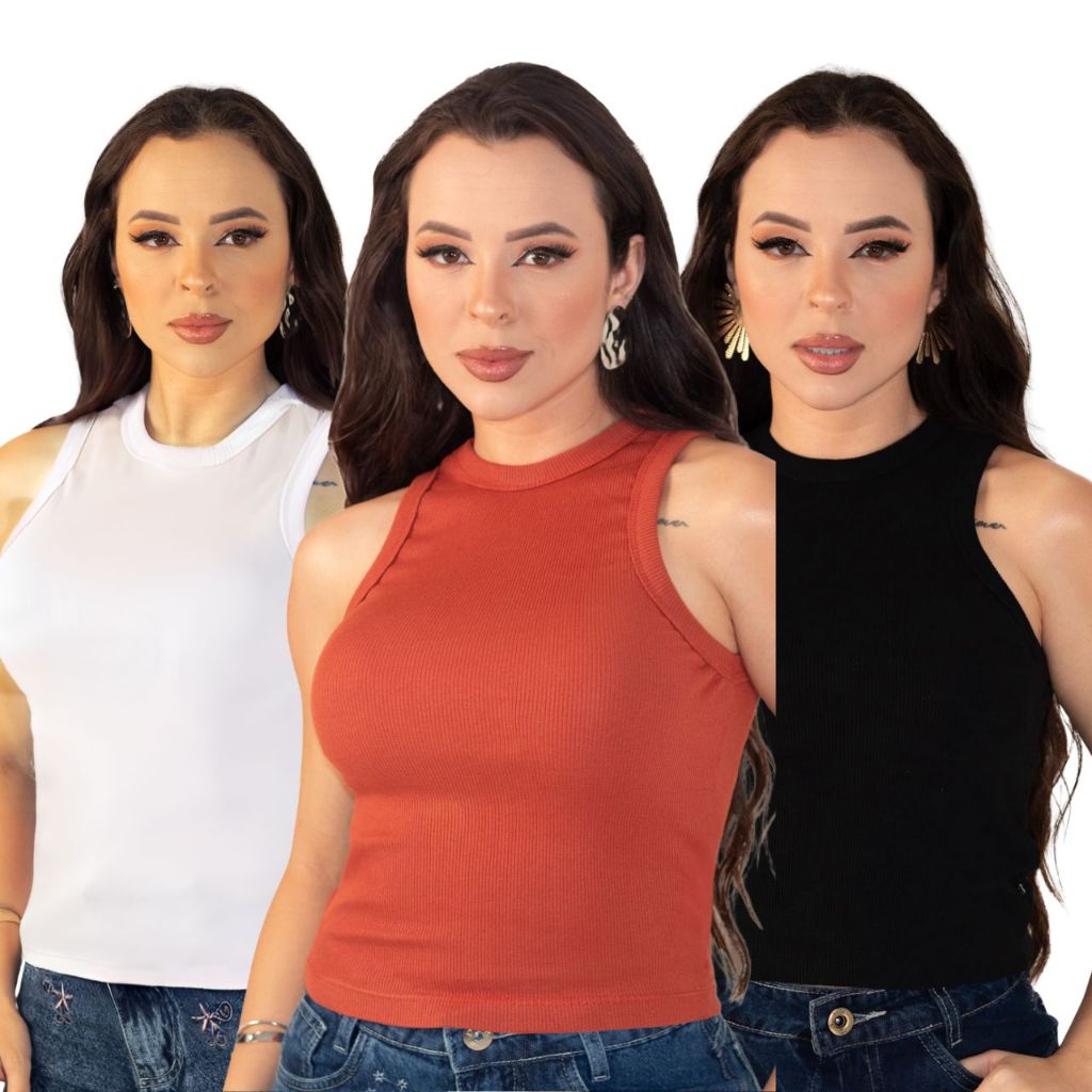 Kit 3 Blusas Feminina Regatas Gola Redonda Ribana Canelada Com Elastano Premium Barata