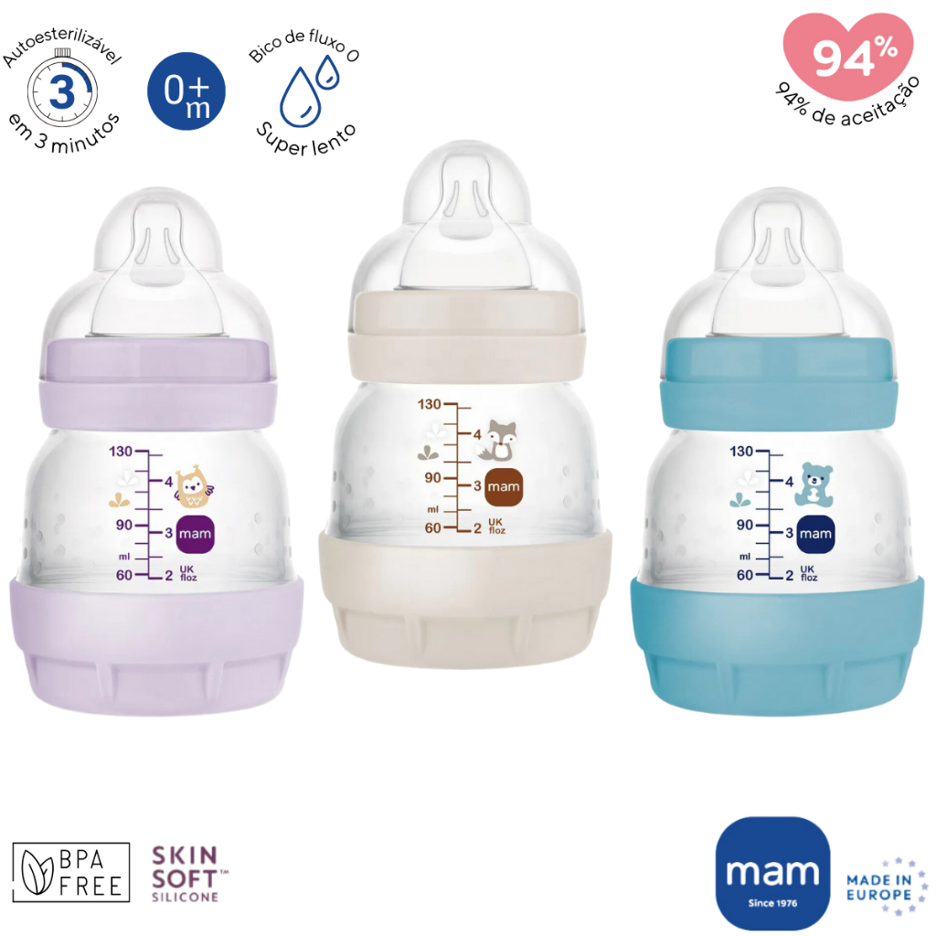 Mamadeira MAM Original Lacrada Easy Start 130ml AntiCólica Autoesterilizável Fluxo adaptáv...