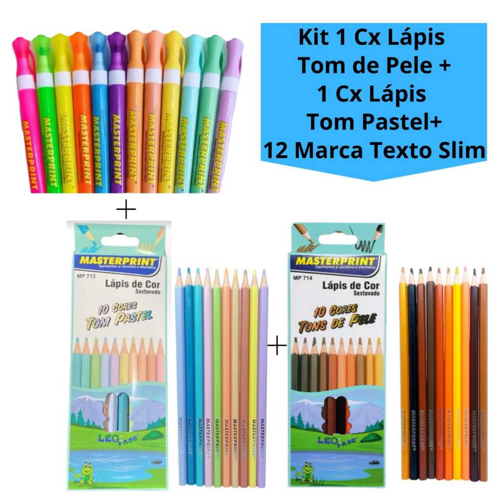 Kit Caixa de Lápis de Cor Tons de Pele + Caixa Lápis de Cor Tom Pastel + 12 Marca Texto Slim (6 Neon + 6 Pastel)