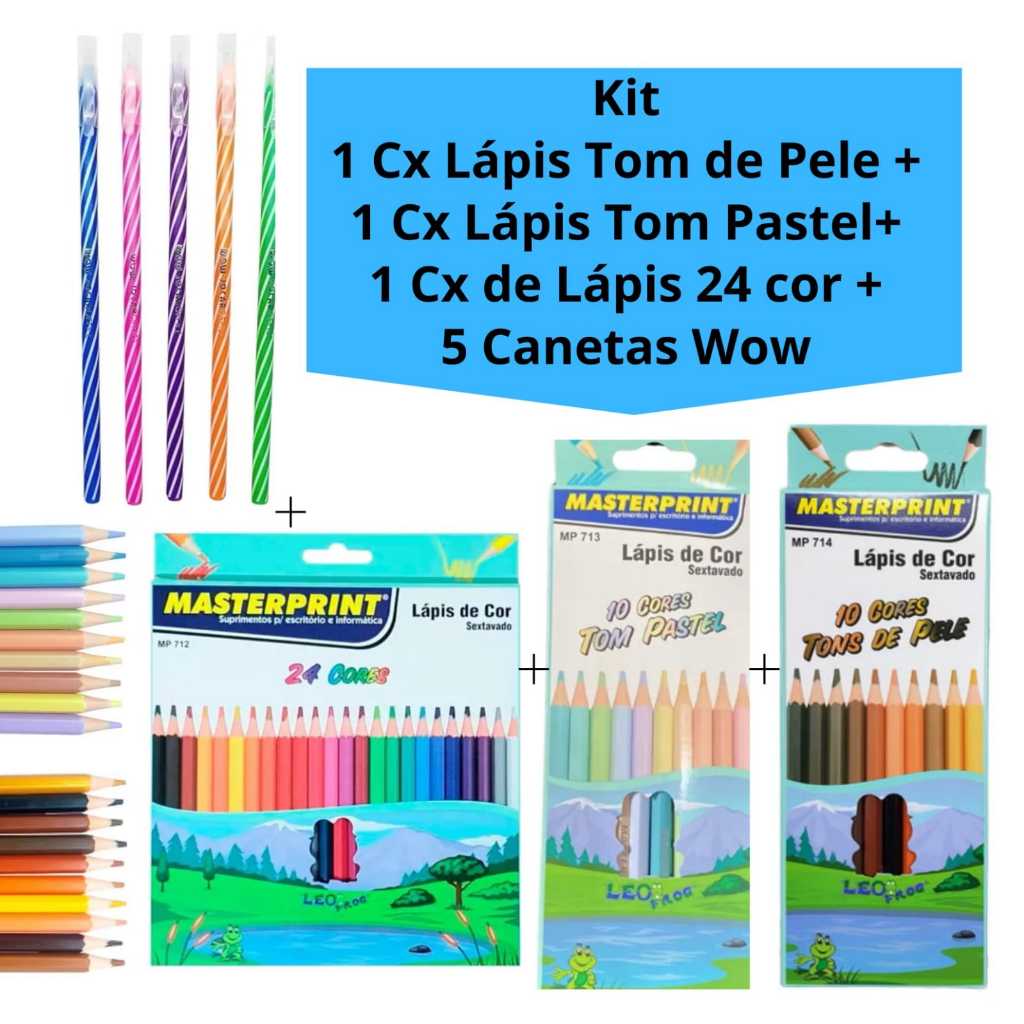 Kit Caixa de Lápis de Cor Tons de Pele + Caixa de Lápis de Cor Tom Pastel + Caixa de Lápis 24 Cores + 5 Canetas Wow