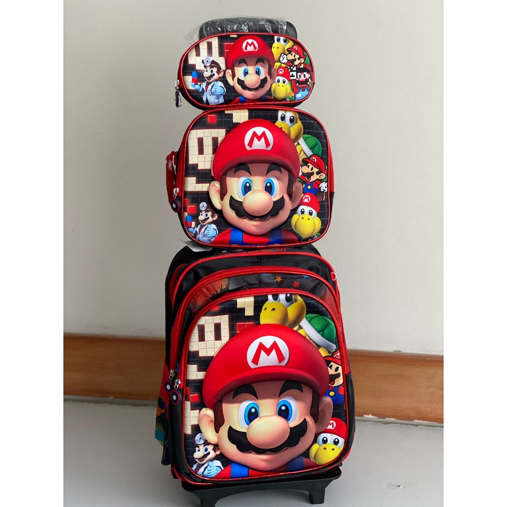 Mario | Kit Mochila Escolar Infantil com Rodinhas + Lancheira + Estojo em Oferta na Shopee