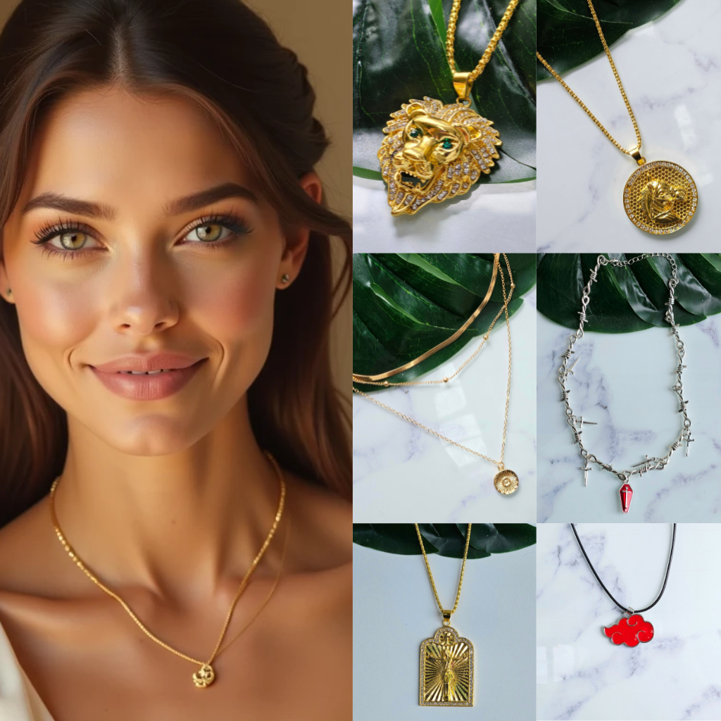 Colar dourado leão strass, Colar pingênte cavalo dourado strass, Colar naruto nuvem vermelha, Colar gargantilha corrente