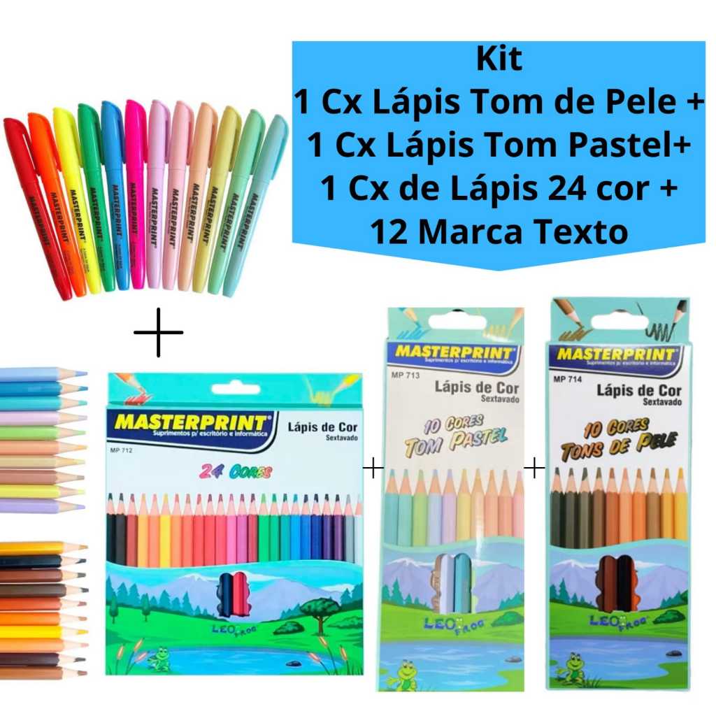 Kit Caixa de Lápis de Cor Tons de Pele + Caixa de Lápis de Cor Tom Pastel + Caixa de Lápis 24 Cores + 12 Marca Texto
