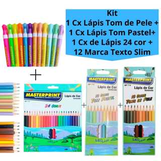 Kit Caixa de Lápis de Cor Tons de Pele + Caixa Lápis de Cor Tom Pastel + Lápis de Cor 24 Cores + 12 Marca Texto Slim em Oferta na Shopee
