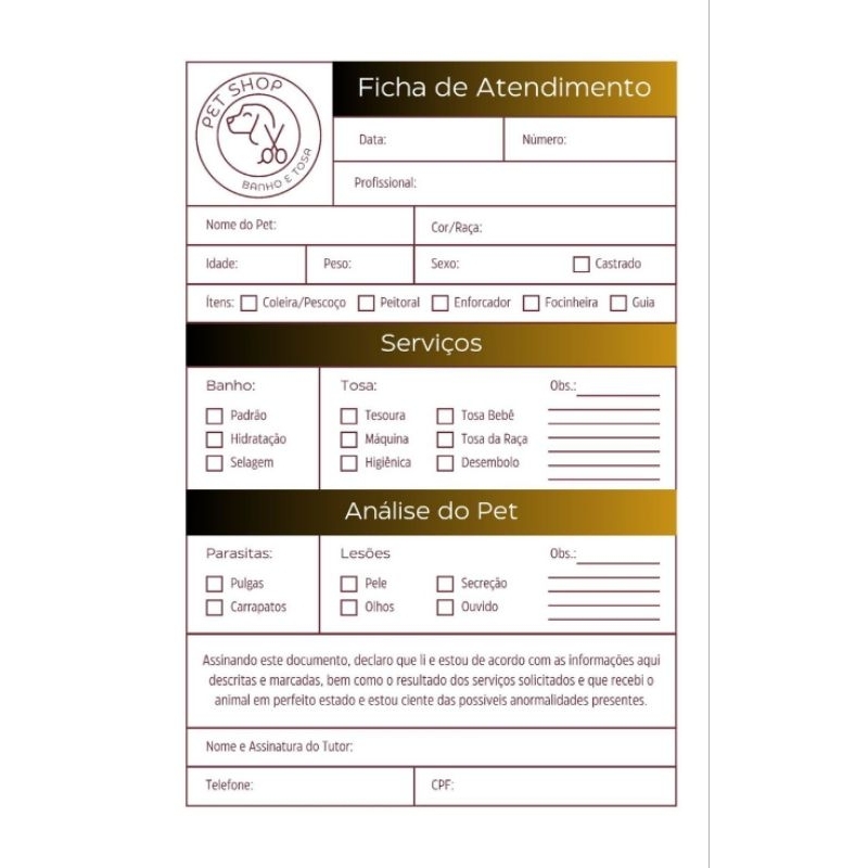 Bloco 100 folhas Ficha Pet Shop Banho e Tosa Atendimento A5 com a sua logo