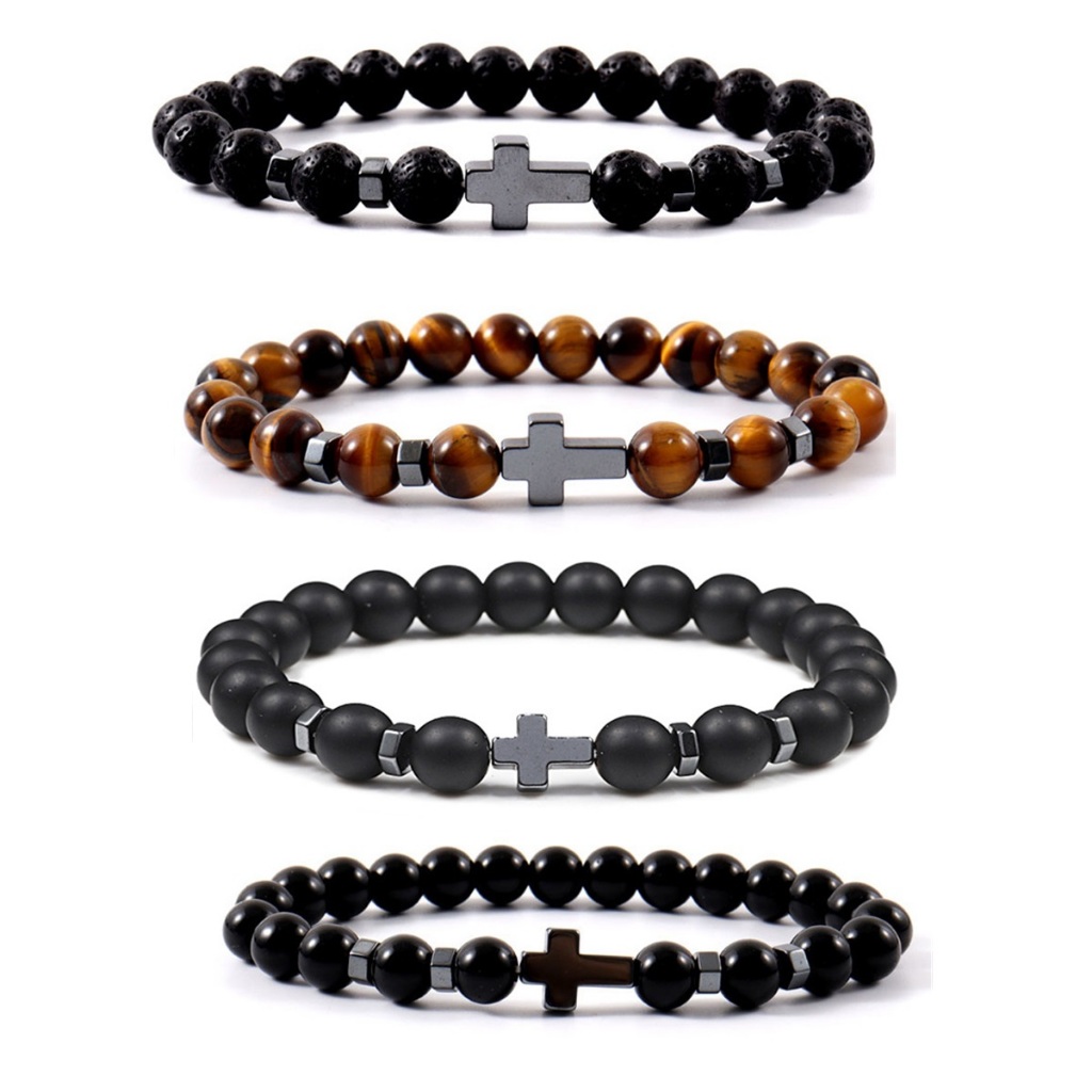 Pulseira com Pingente Cruz de Pedra Hematita Masculino Feminino Bracelete Crucifixo Religioso