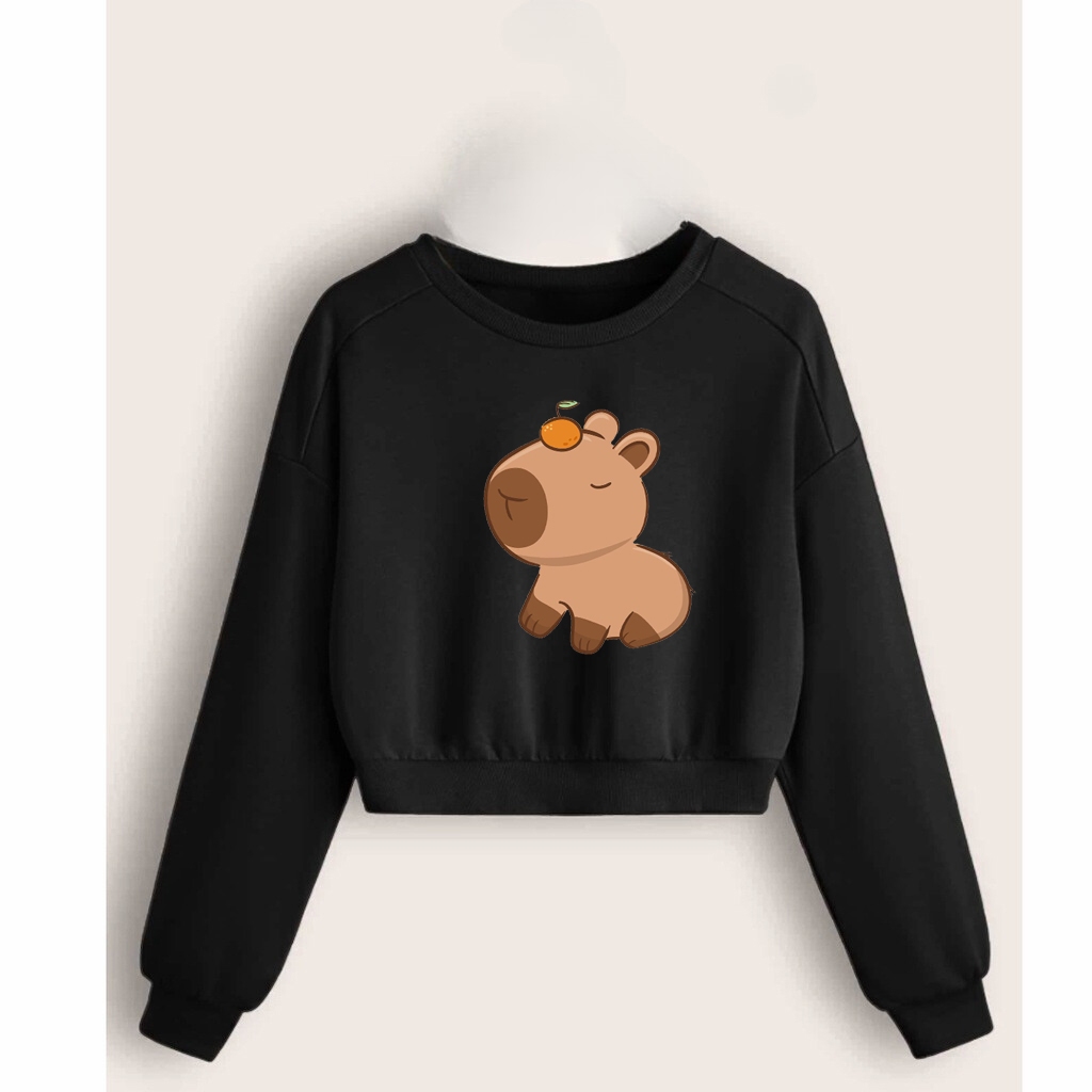 Cropped Moletom Manga Comprida Capivara com Laranja na Cabeça