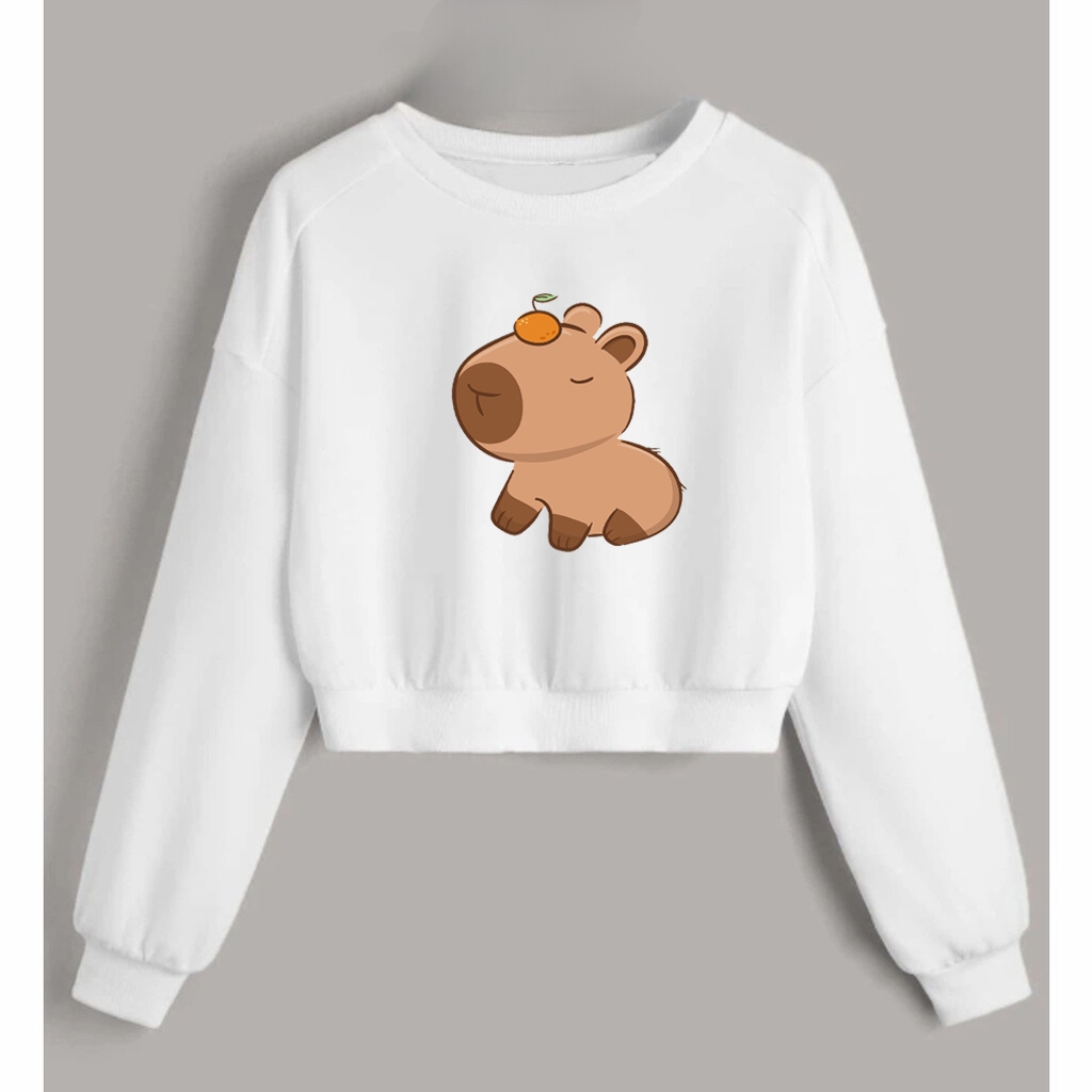 Cropped Blusa De Frio Moletom Confortavel Estampa Capivara com Laranja Na Cabeça