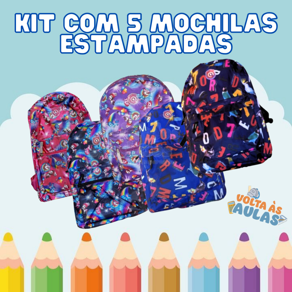 Kit Com 5 Mochilas Coloridas Com Estampas Variadas Escolar Multiuso Juvenil Universitária em Oferta na Shopee