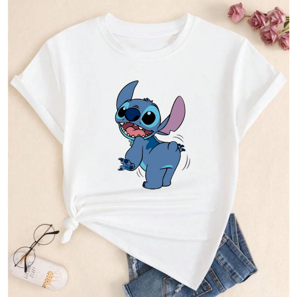 Camiseta Feminina Masculina Algodão Várias Cores Estampa Stitch Filme Manga Curta Adulto