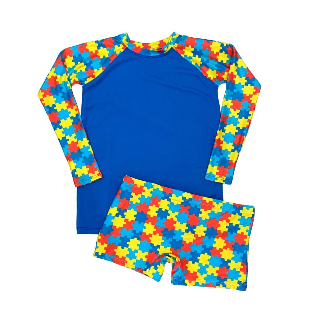 Conjunto Autismo Juvenil de Proteção Solar UV 50+ Camisa Manga Longa + Sunga Forrada MENINO em Oferta na Shopee