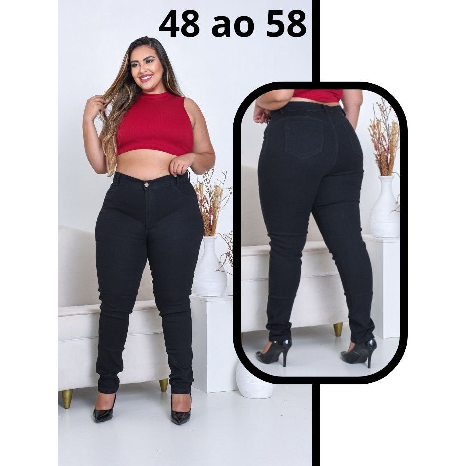 Calça jeans feminina plus size preta elastano premium cintura alta lycra strech curve em Oferta na Shopee