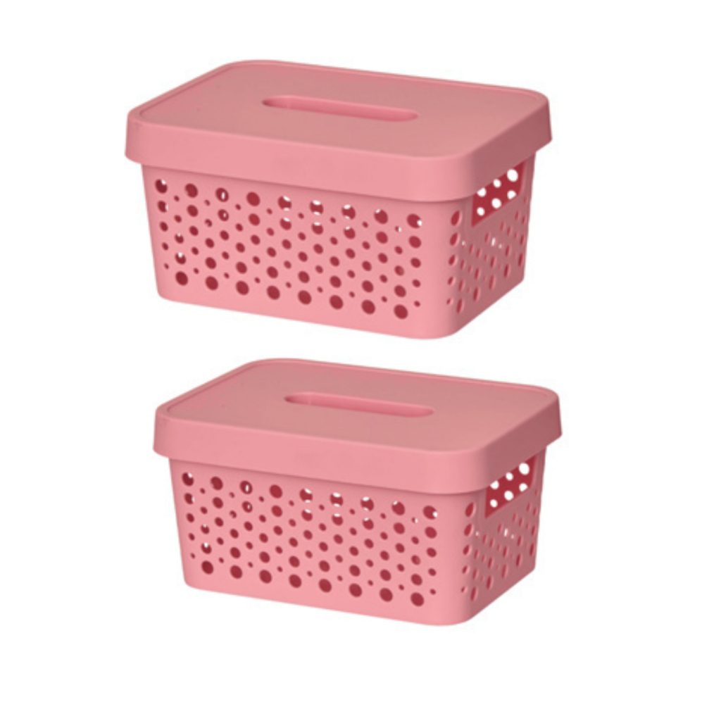 Kit 2 Caixas Cestos Organizadores com Tampa 2 Litros Rosa 16cmx14cmx9,5cm Rattan Multiuso