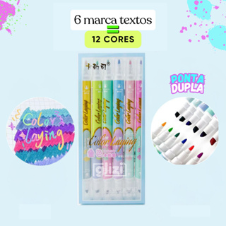Kit 6 Marca Textos com 12 Cores Ponta Dupla Color Laying Sopreposição de Cores Escolar em Oferta na Shopee