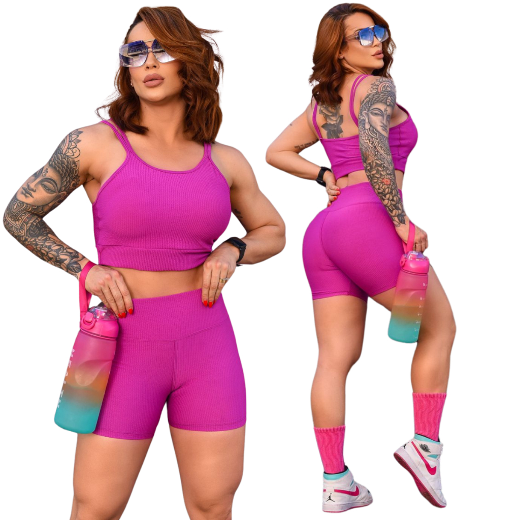 Conjunto Glacê Croped Com Bojo e Bermuda Cós Alto Zero Transparência Confortável Feminino Fitnes