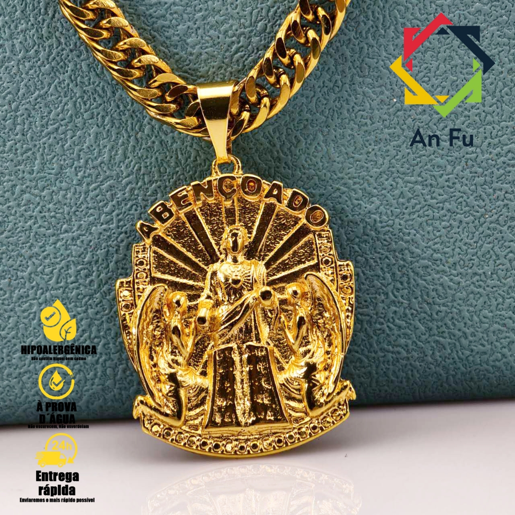 Joia Masculina de Fé - Pingente de Anjo com Cordão de Moeda Antiga e Cadeado, Banhado a Ouro 18K em Oferta na Shopee