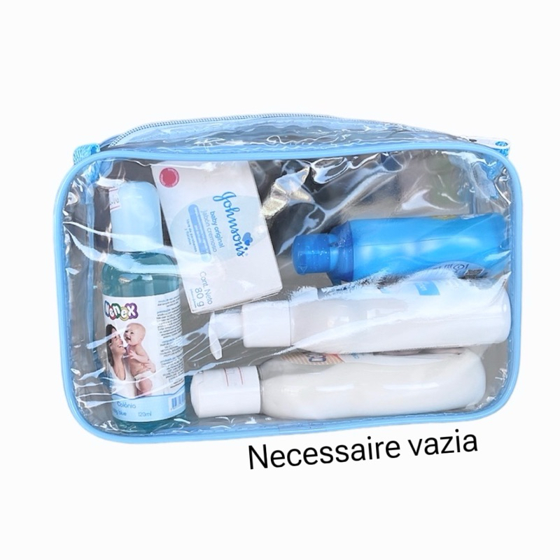 Imagem NECESSAIRE 23X15 TRANSPARENTE E AZUL MATERNIDADE HIGIENE PESSOAL BOLSA BEBÊ E MAMÃE ORGANIZE BOLSINHA FRALDAS LENÇOS