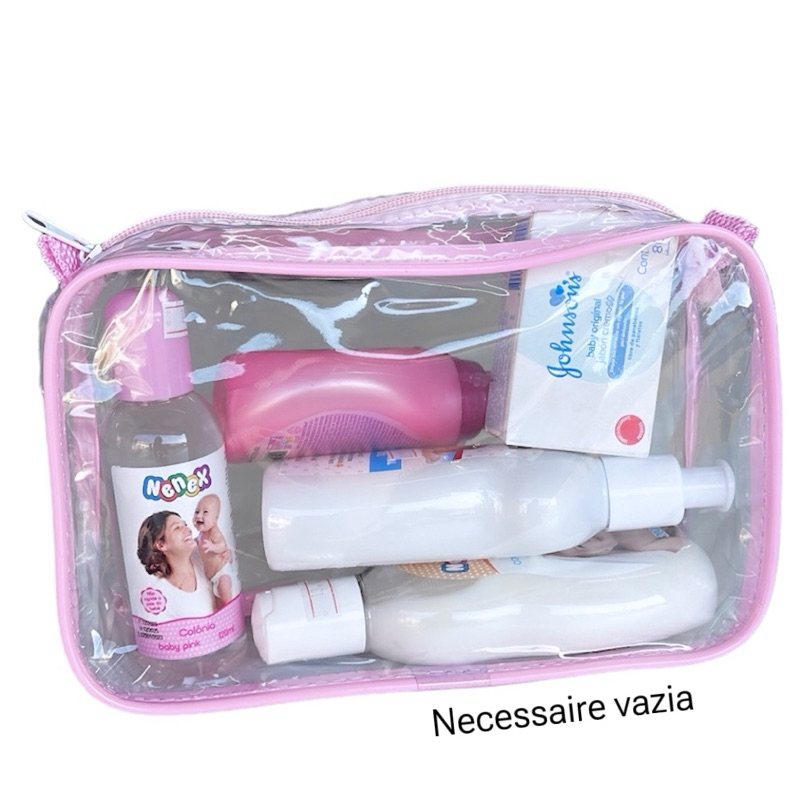 Imagem NECESSAIRE 23X15 TRANSPARENTE E ROSA MATERNIDADE HIGIENE PESSOAL BOLSA BEBÊ MAMÃE ORGANIZE BOLSINHA DIA ADIA FRALDA LENÇ