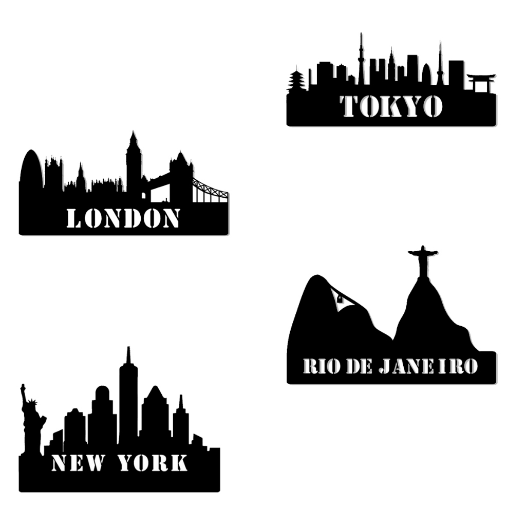 Quadro Vazado MDF Silhueta Cidade País New York London Tokyo Rio de Janeiro
