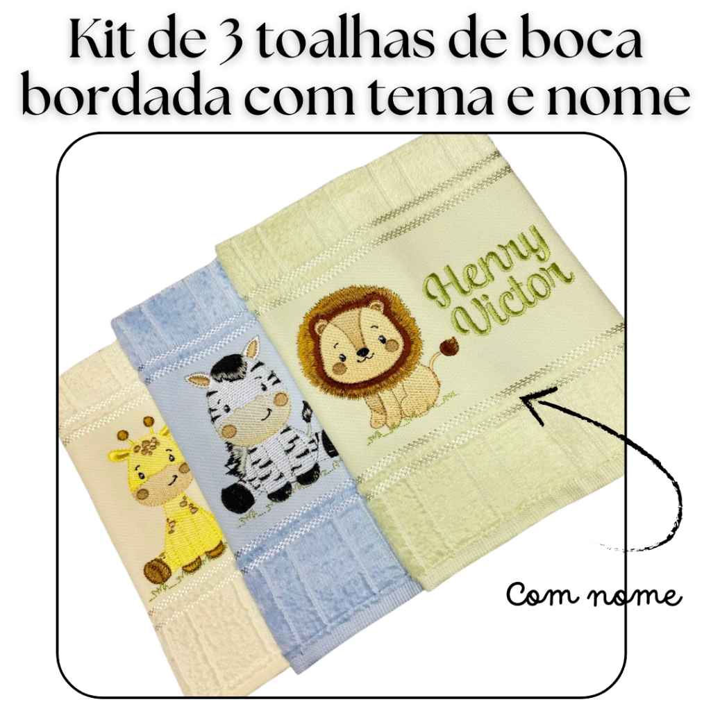 Kit 3 Toalhas de boca safari com NOME
