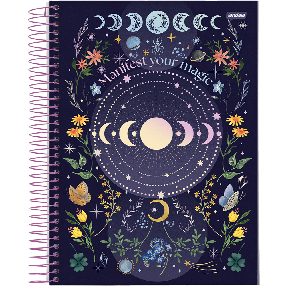 CADERNO 10 MATÉRIAS MYSTIC SIGNOS JANDAIA ASTROLOGIA 160 FOLHAS CAPA DURA COM ADESIVOS CANETA BIC INTENSITY 0.4 MM