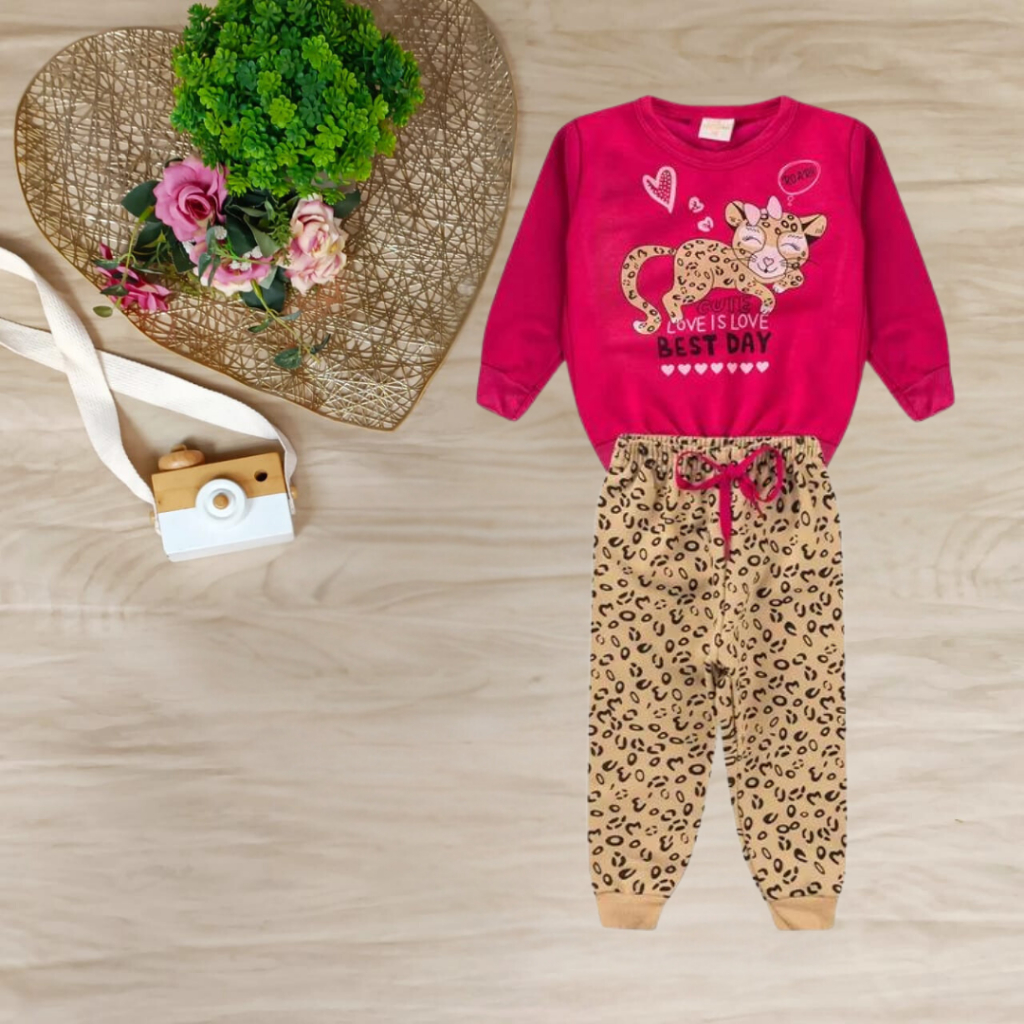 Conjunto Bebê Moletom Infantil ONCINHA PINK Casaco + Calça Menina (Tamanho P, M,G) Inverno Agasalho