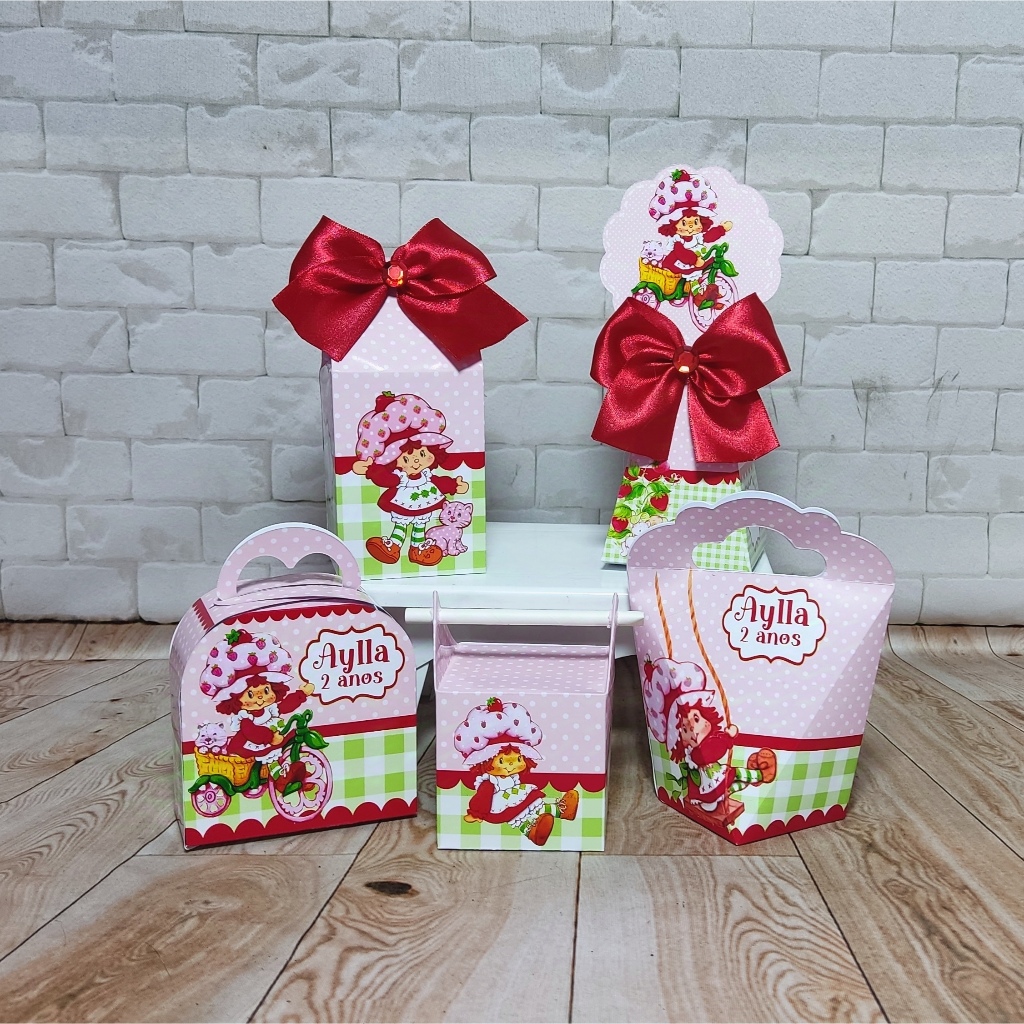 Kit Personalizados caixinhas MORANGUINHO VINTAGE ANOS 80 Lembrancinhas aniversário-Festa PEGUE E MONTE