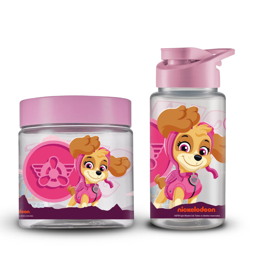 Kit 2 Peças Para Lancheira Patrulha Canina Pote 550ml + Garrafa 500ml Lancheira Rosa Skye Para Meninas Escolar