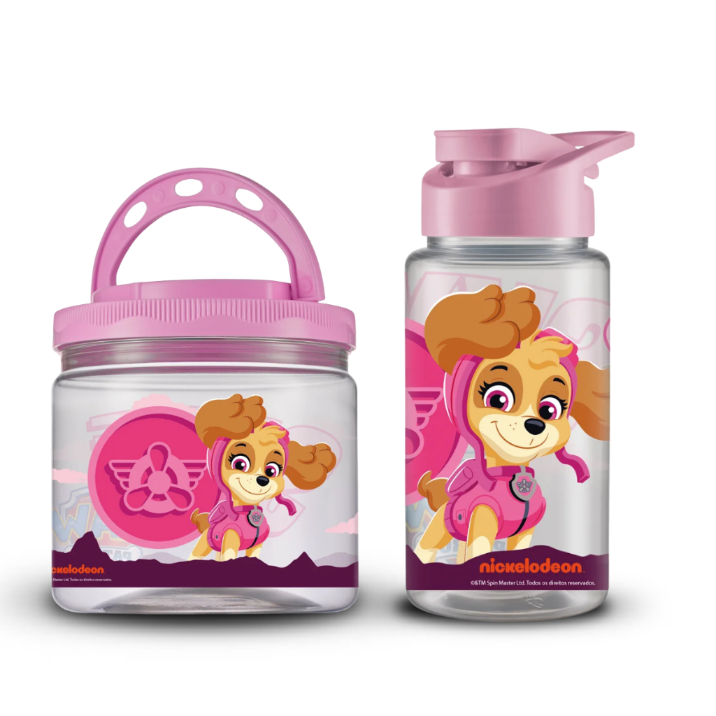 Kit 2 Peças Para Lancheira Patrulha Canina Pote 900ml + Garrafa 500ml Rosa Skye Para Meninas Escolar