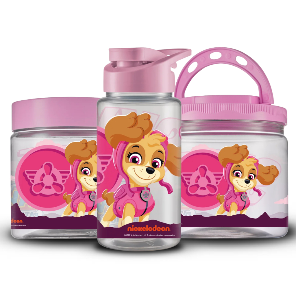 Kit 3 Peças Para Lancheira Patrulha Canina Pote e Lancheira Rosa Skye Para Menina Escolar
