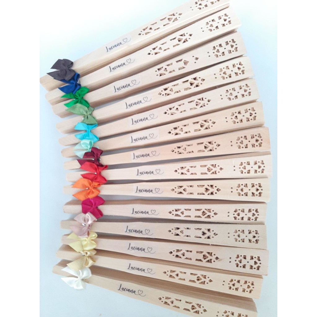 Leque Personalizado para Casamento - Madeira Natural | Laço de Fita | Adesivo Vinil