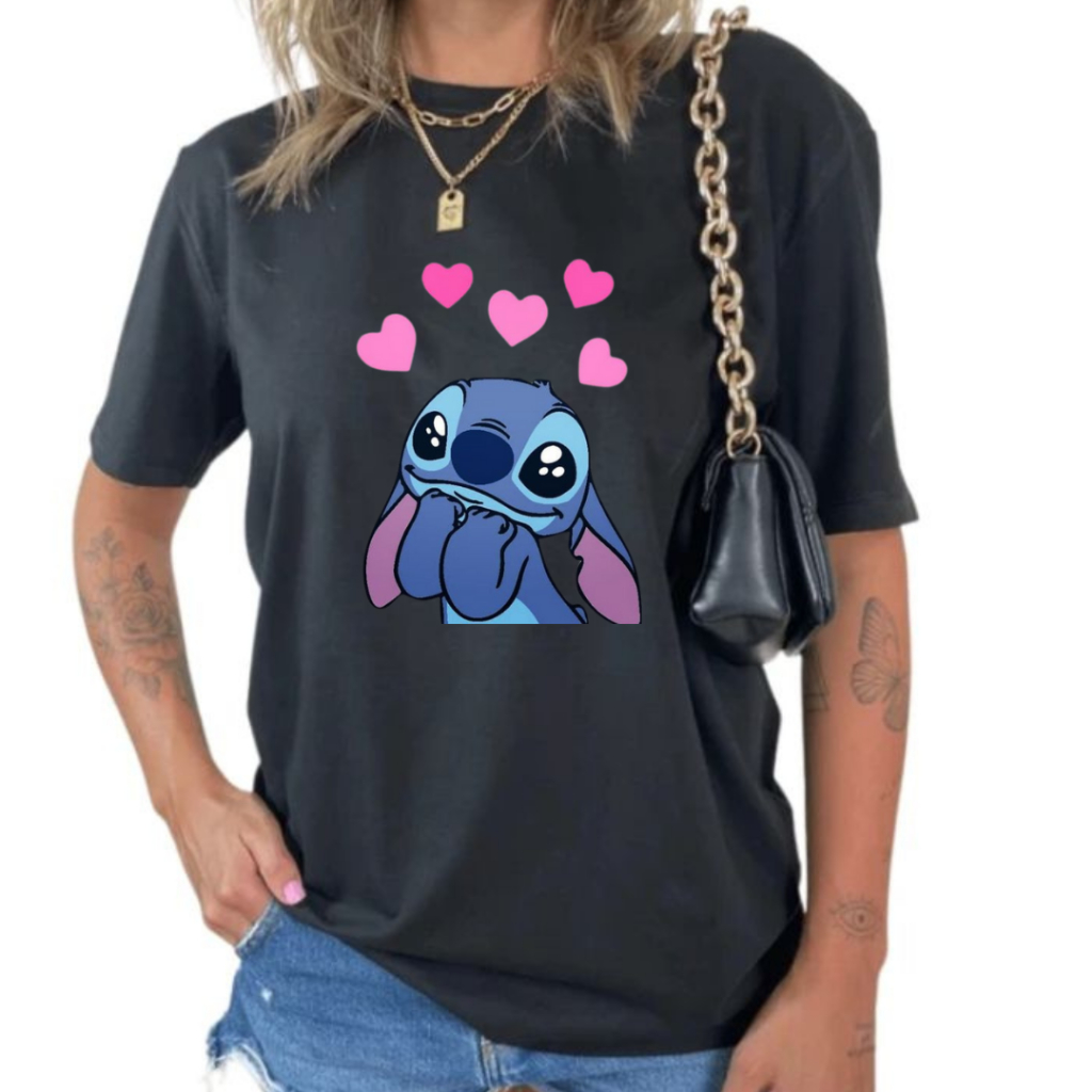 Camiseta T-shirt Stitch Love Moda Feminina Blusa 100% Algodão Várias Cores Disponíveis