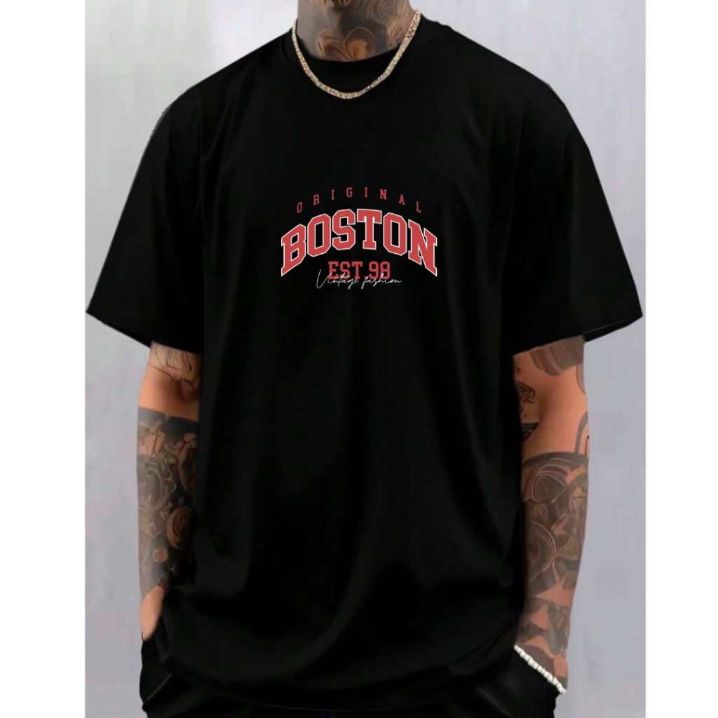 Camiseta Blusa Masculina Estampada Boston Estilosa Streetwear Oversized 100% Algodão Top Minimalista