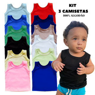 Kit 3 Camiseta de Bebê Menino Menina Regata Infantil Masculina Feminina Camisa 100% Algodão em Oferta na Shopee