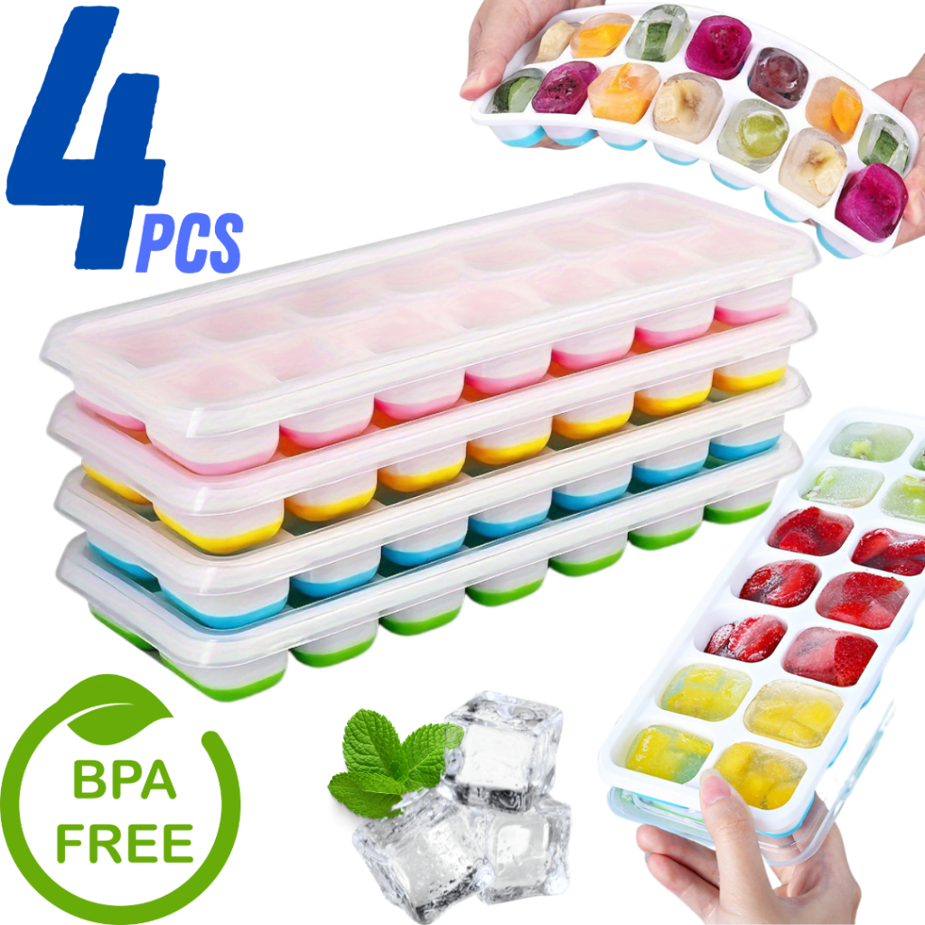 Kit 4 Formas de Gelo Silicone Com Tampa Rígida Flexível Fundo Retangular 14 Cubos Multiuso...