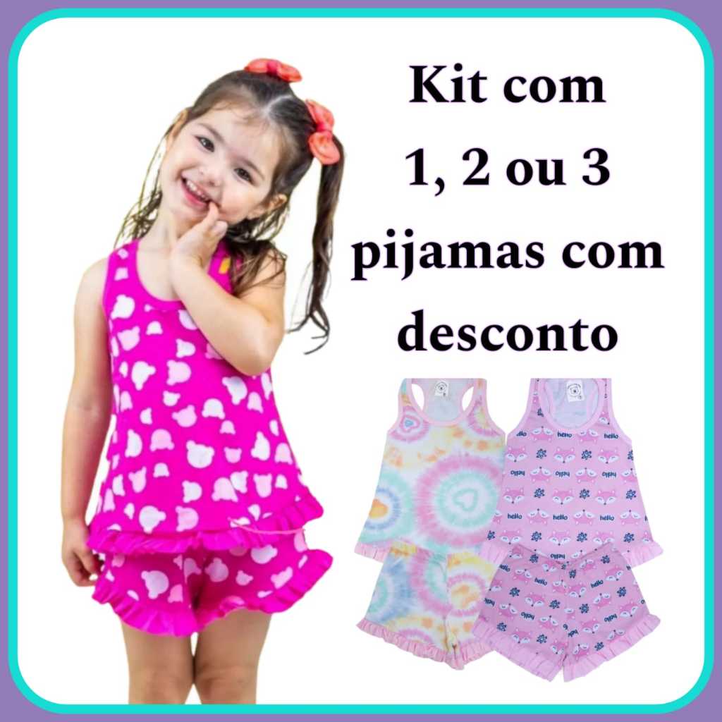 1, 2 ou 3 Pijama Regata Baby Doll com Babado Infantil Bebê Feminino 1 ao 16 em Oferta na Shopee