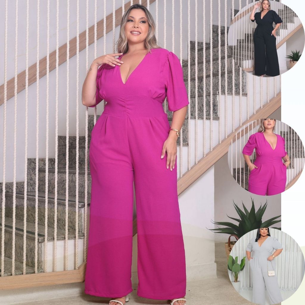 macacão feminino plus size longo pantalona com lastex modelador novo lançamento