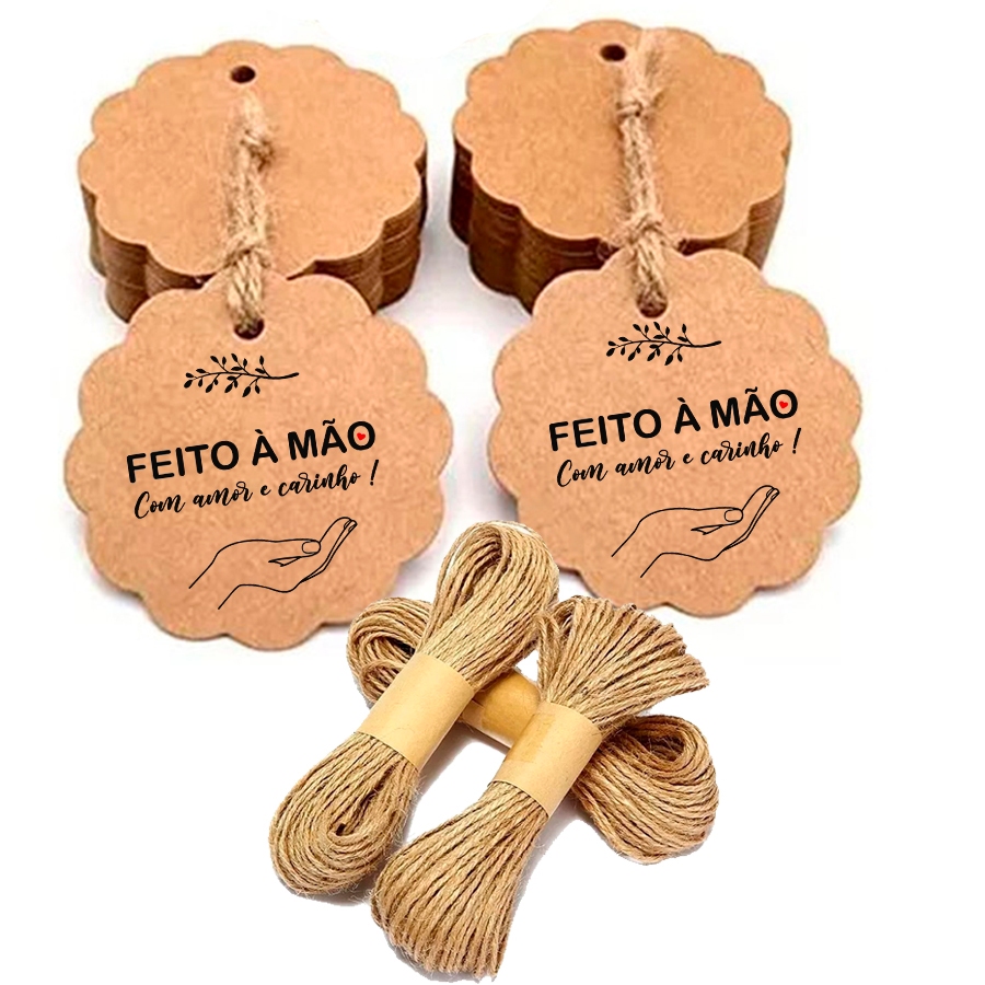 Tags de Papel kraft Impresso com a Frase Feito À Mão - com fio de juta - 6x6 cm em Oferta na Shopee