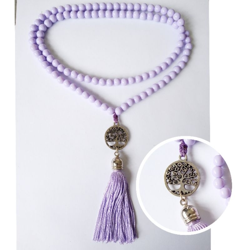 Imagem Japamala 108 Contas Acrílico Lilás ( Plástico ) Com Pingente Árvore da Vida Vazada Rosário Budista Meditação Ref: 358