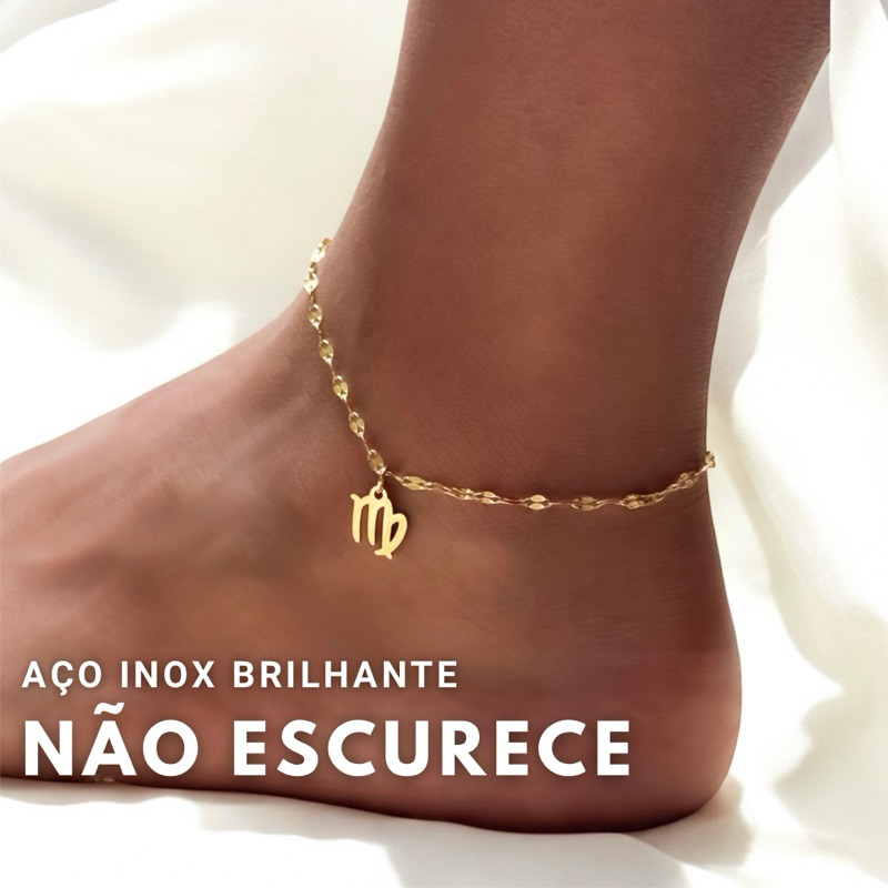 Imagem Tornozeleira Signo Delicada Ouro Aço inoxidável pé não escurece Hipoalergênico Corrente feminino Zodíaco