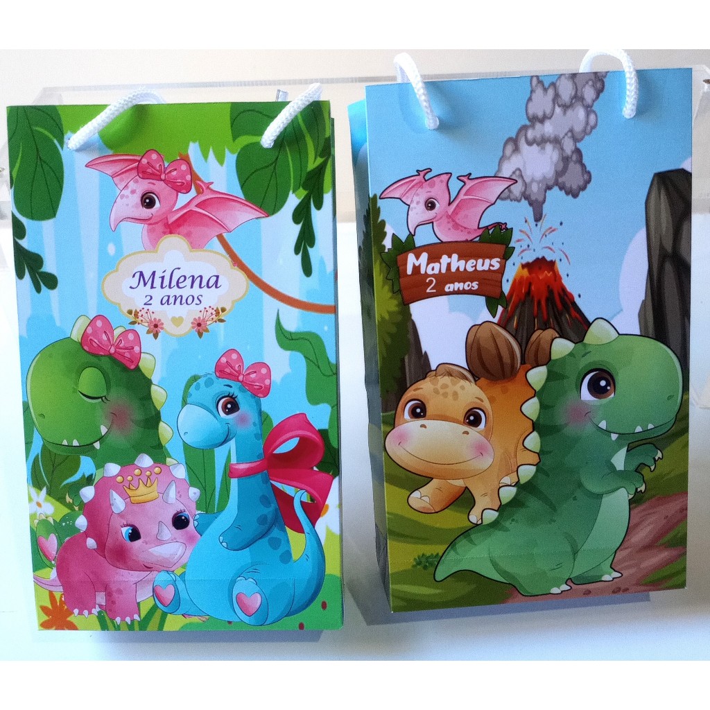 SACOLINHA PERSONALIZADA PARA LEMBRANCINHA DE ANIVERSÁRIO/FESTA - DINO/DINOSSAURO BABY MENINO E DINOSSAURO BABY MENINA.