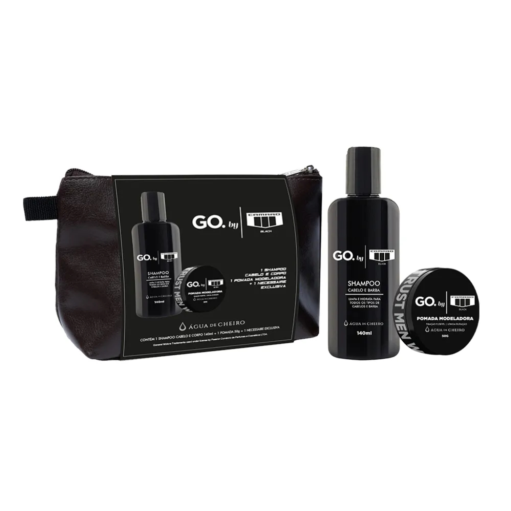 kit Go Man Camaro Black (Shampoo cabelo e barba 140ml + pomada modeladora 50g + necessaire)